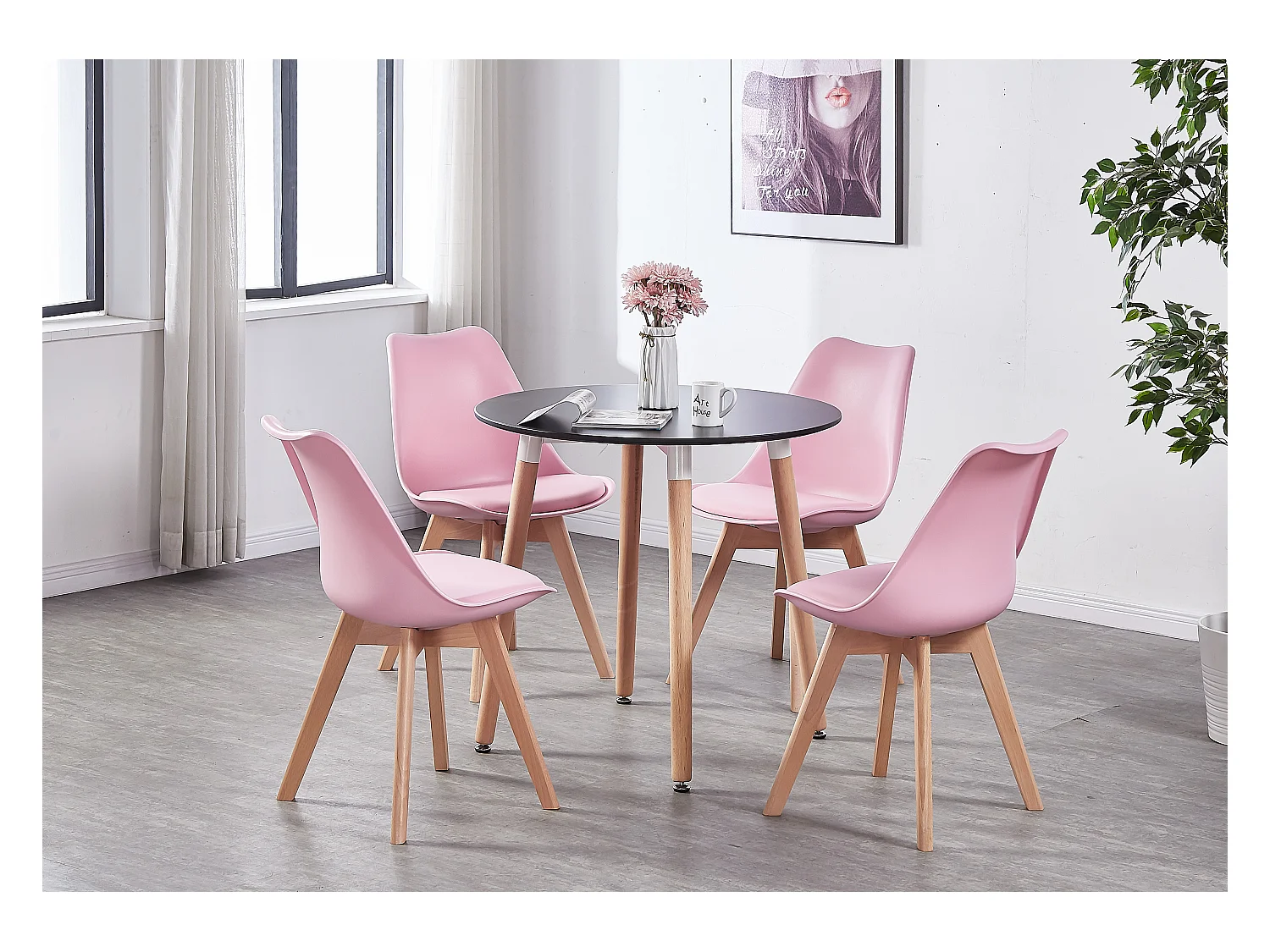 LORENZO HALO - Ensemble Salle à Manger - Table Noire Ronde + 4 Chaises Scandinaves Roses
