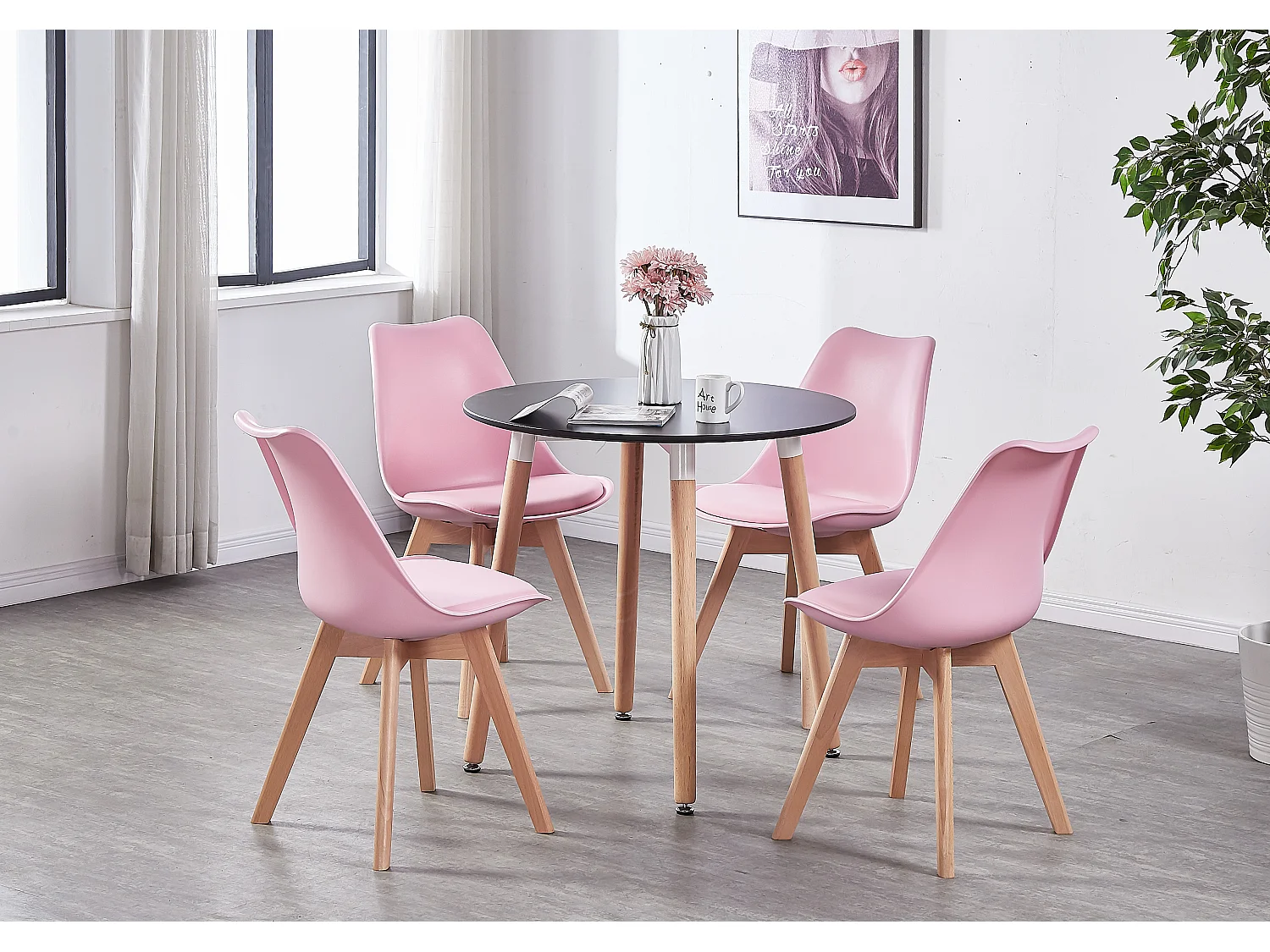 LORENZO HALO - Ensemble Salle à Manger - Table Noire Ronde + 4 Chaises Scandinaves Roses