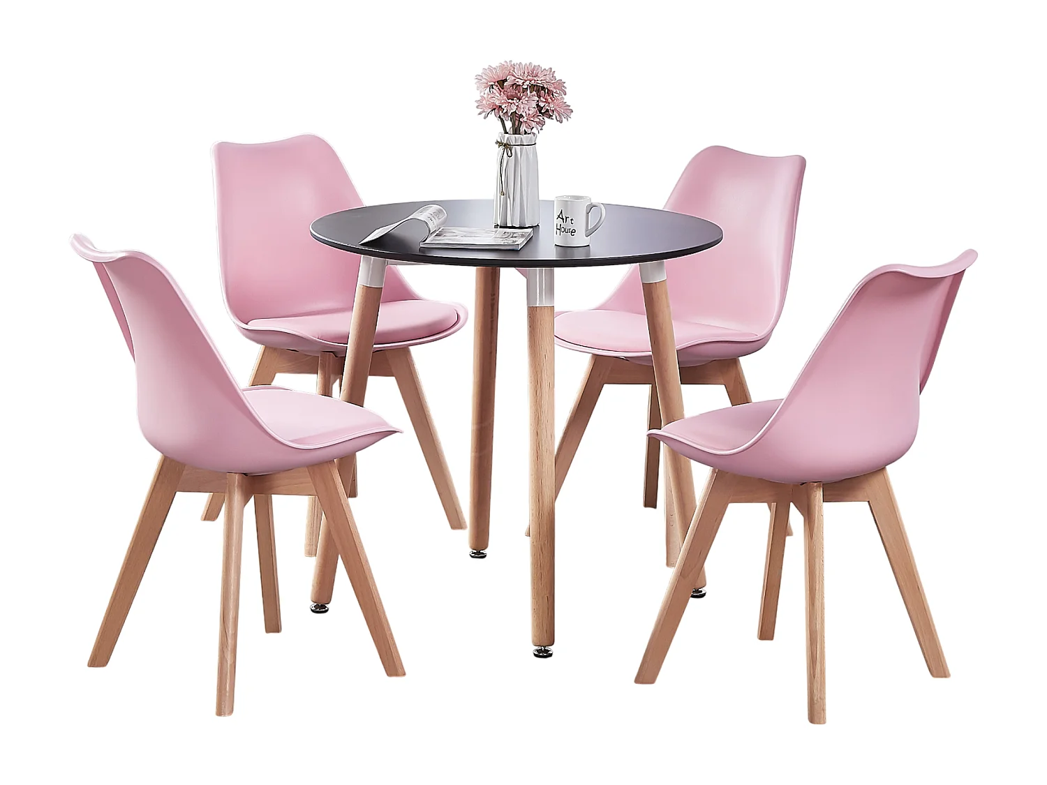 LORENZO HALO - Ensemble Salle à Manger - Table Noire Ronde + 4 Chaises Scandinaves Roses