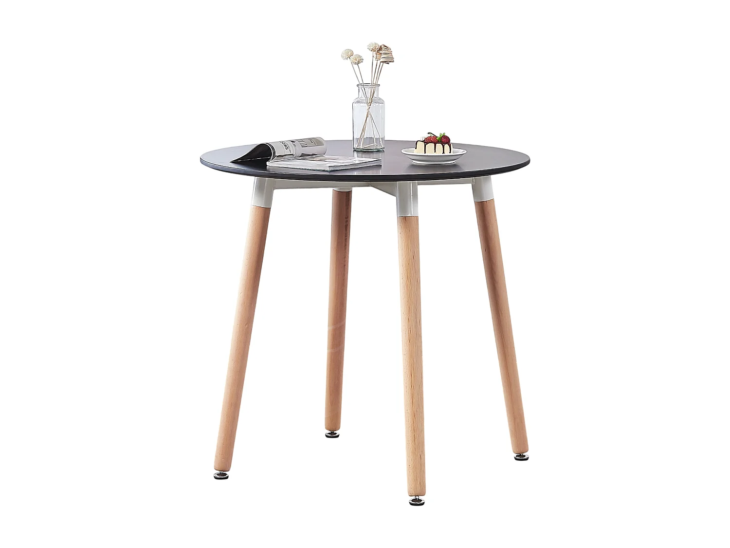 LORENZO HALO - Ensemble Salle à Manger - Table Noire Ronde + 4 Chaises Scandinaves Roses