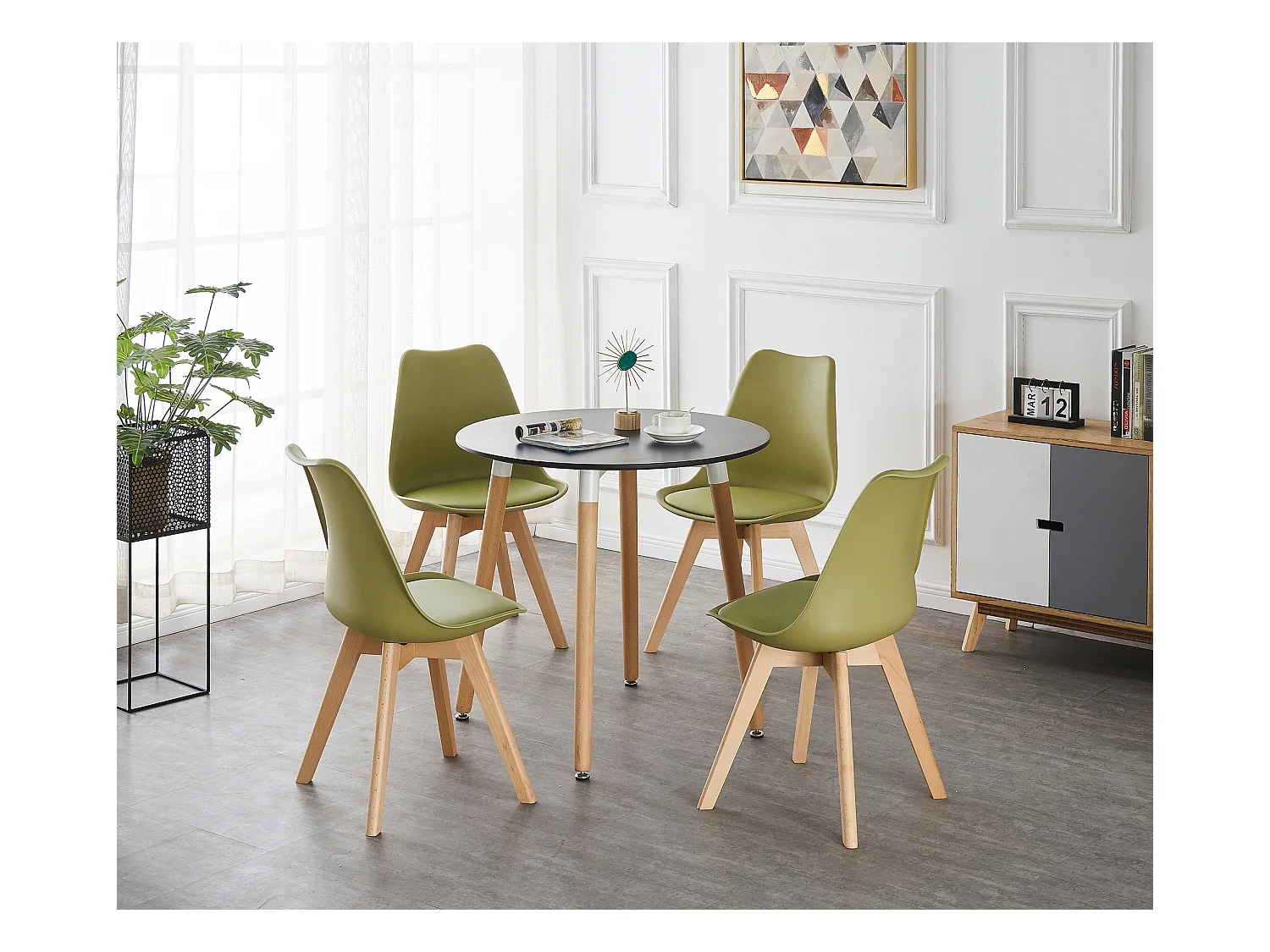 LORENZO HALO - Ensemble Salle à Manger - Table Noire Ronde + 4 Chaises Scandinaves Vertes