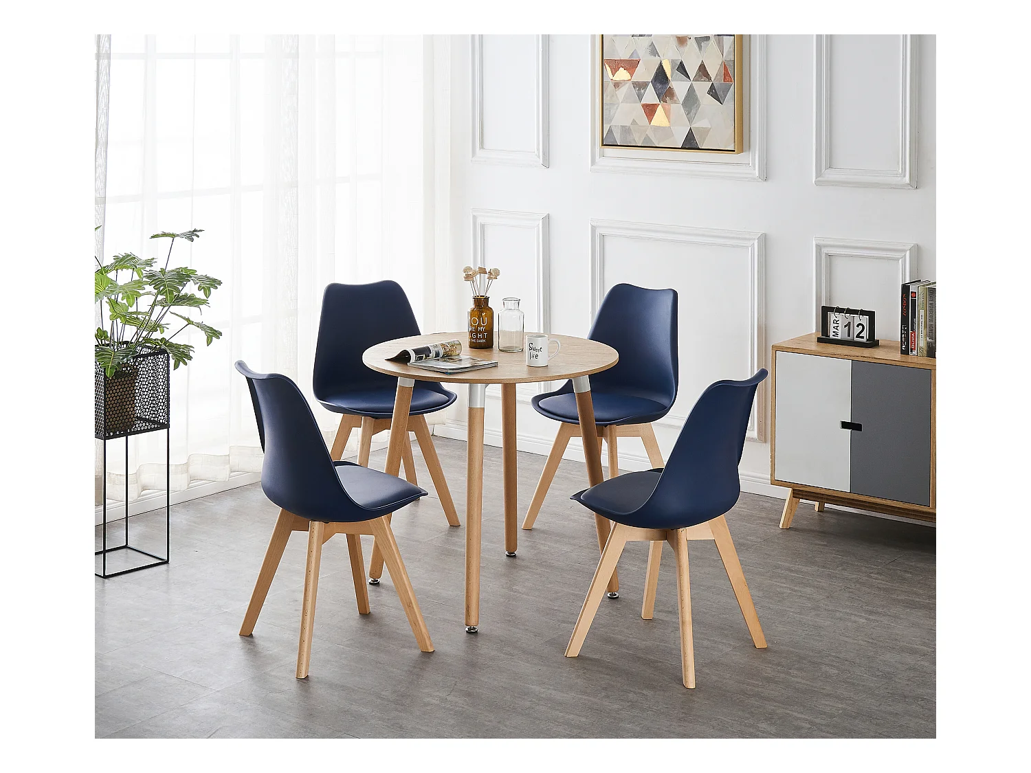 LORENZO HALO - Ensemble Salle à Manger - Table Ronde Effet Chêne + 4 Chaises Scandinaves Bleues