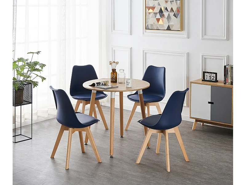 LORENZO HALO - Ensemble Salle à Manger - Table Ronde Effet Chêne + 4 Chaises Scandinaves Bleues