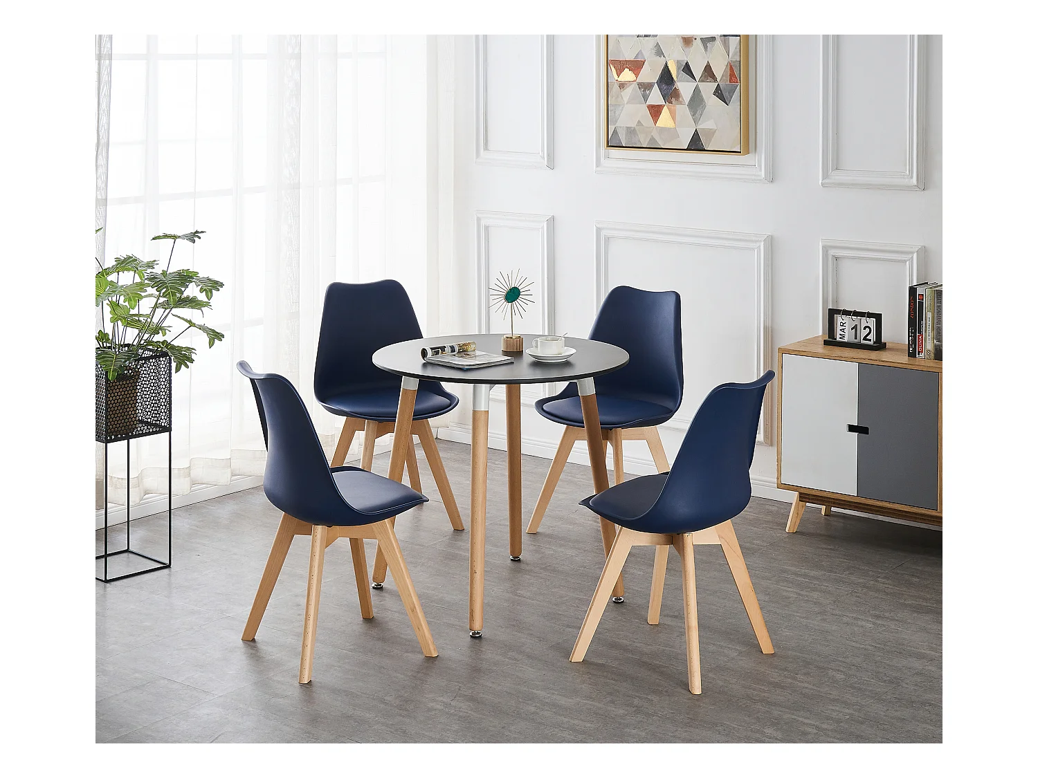 LORENZO HALO - Ensemble Salle à Manger - Table Noire Ronde + 4 Chaises Scandinaves Bleues
