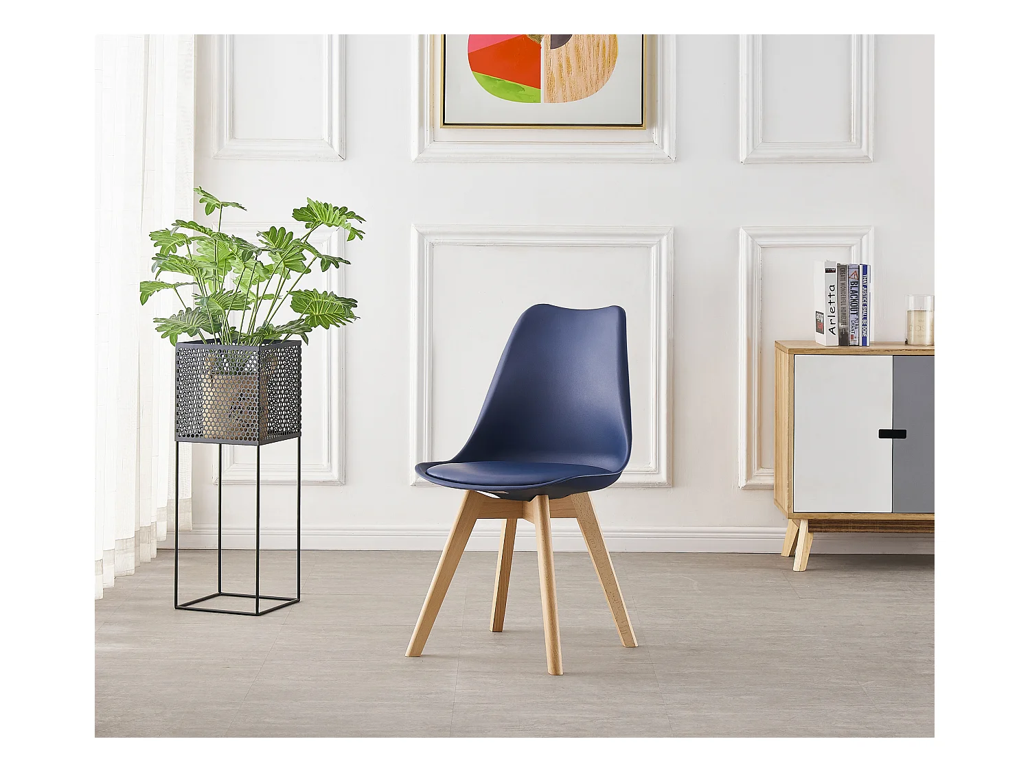 LORENZO HALO - Ensemble Salle à Manger - Table Noire Ronde + 4 Chaises Scandinaves Bleues