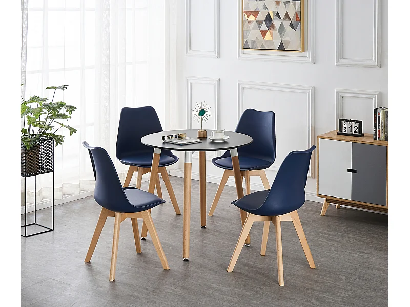 LORENZO HALO - Ensemble Salle à Manger - Table Noire Ronde + 4 Chaises Scandinaves Bleues