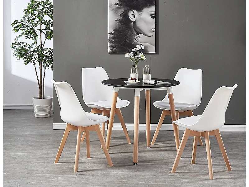 LORENZO HALO - Ensemble Salle à Manger - Table Noire Ronde + 4 Chaises Scandinaves Blanches