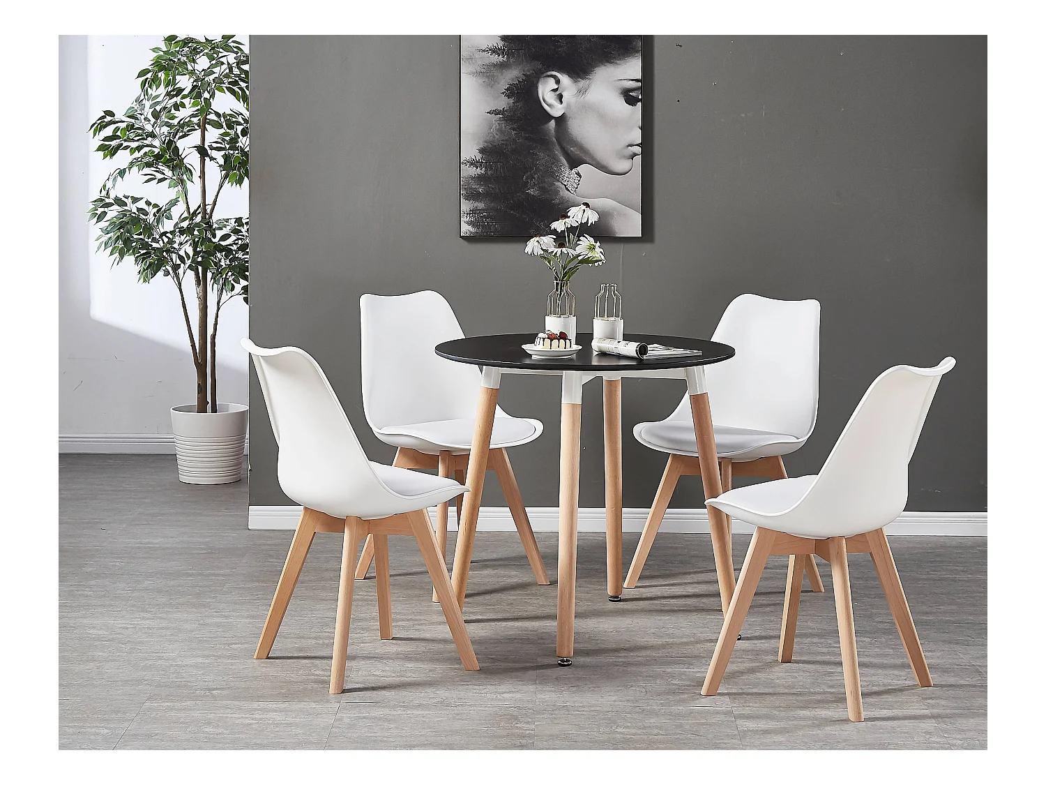 LORENZO HALO - Ensemble Salle à Manger - Table Noire Ronde + 4 Chaises Scandinaves Blanches