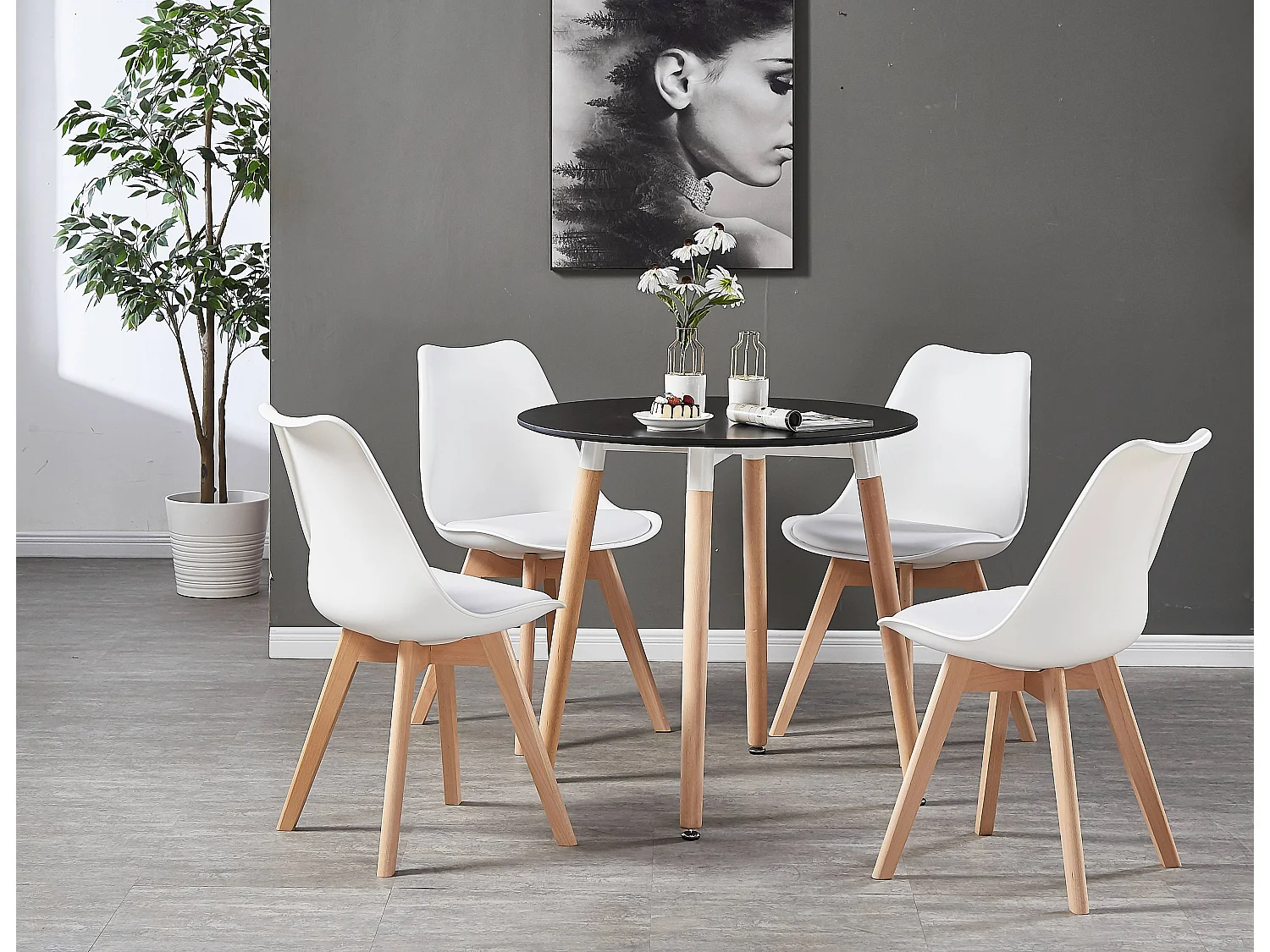 LORENZO HALO - Ensemble Salle à Manger - Table Noire Ronde + 4 Chaises Scandinaves Blanches