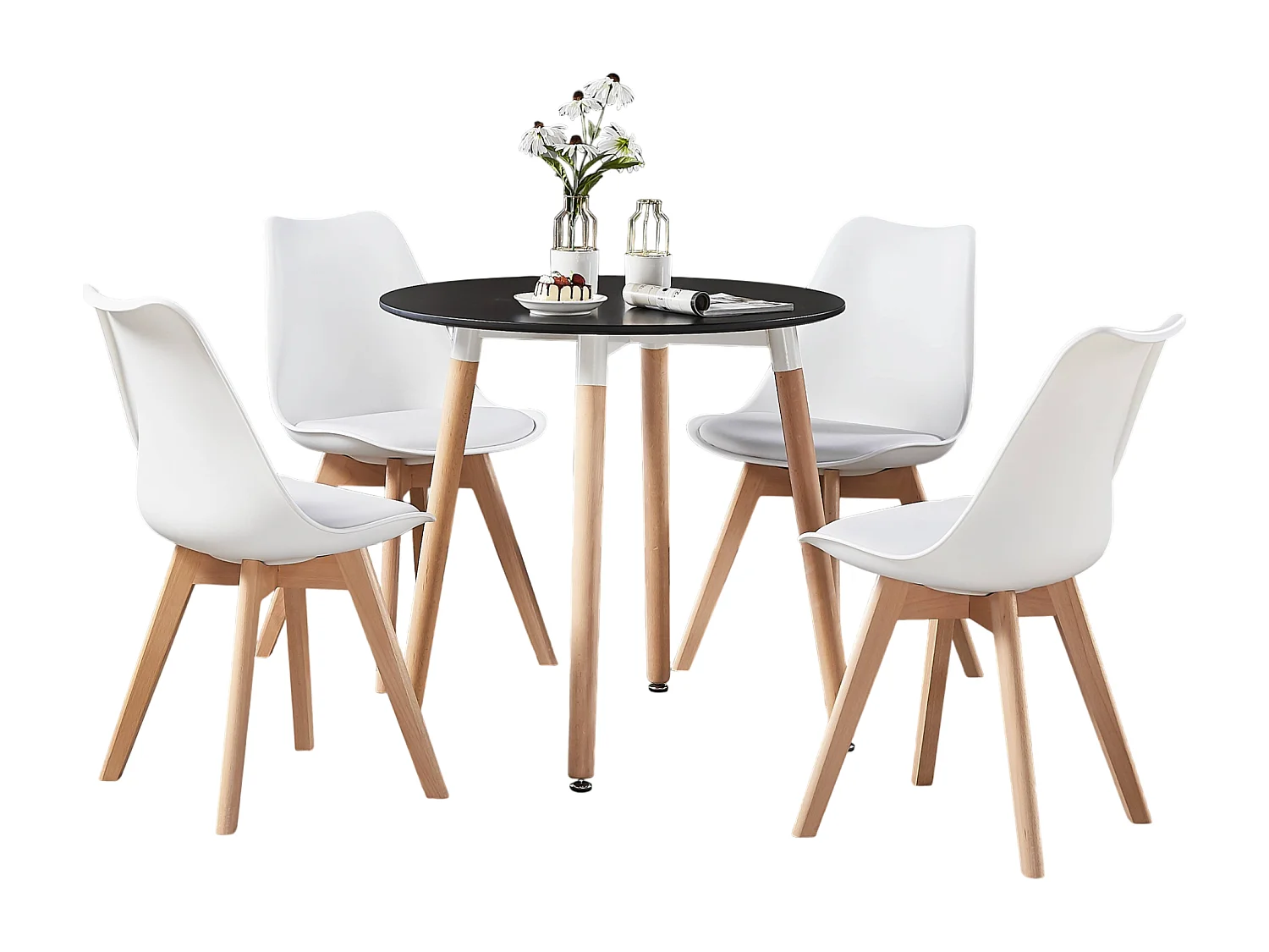 LORENZO HALO - Ensemble Salle à Manger - Table Noire Ronde + 4 Chaises Scandinaves Blanches