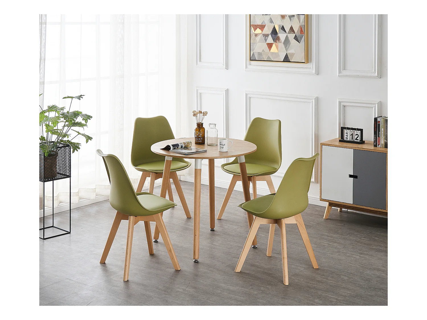 LORENZO HALO - Ensemble Salle à Manger - Table Ronde Effet Chêne + 4 Chaises Scandinaves Vertes