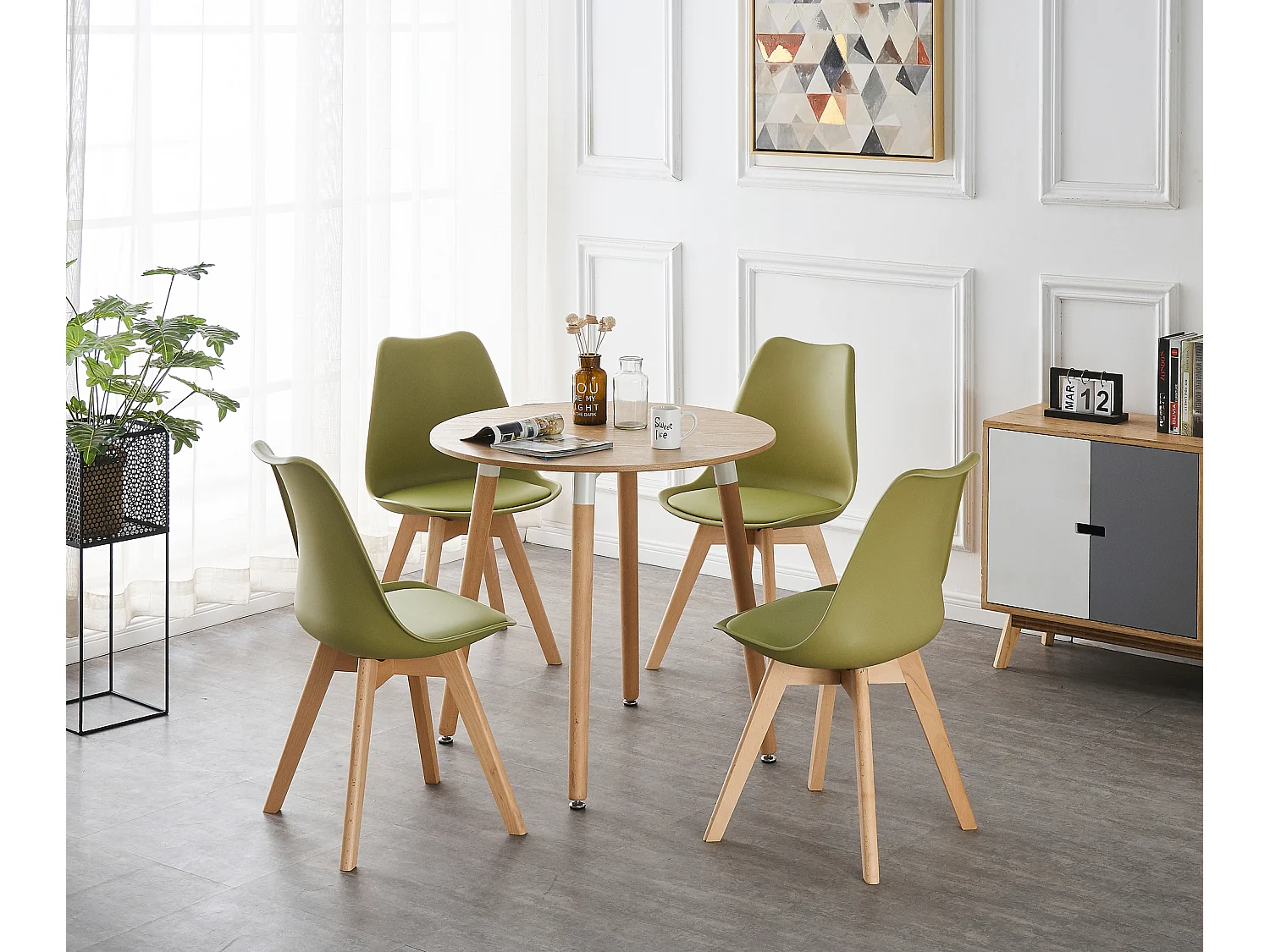 LORENZO HALO - Ensemble Salle à Manger - Table Ronde Effet Chêne + 4 Chaises Scandinaves Vertes