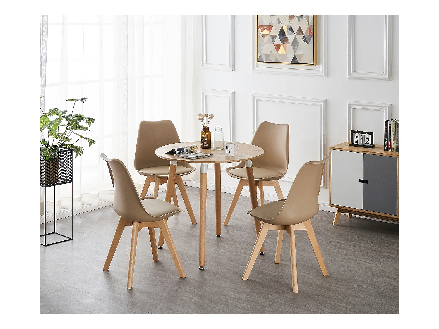 LORENZO HALO - Ensemble Salle à Manger - Table Ronde Effet Chêne + 4 Chaises Scandinaves Beiges