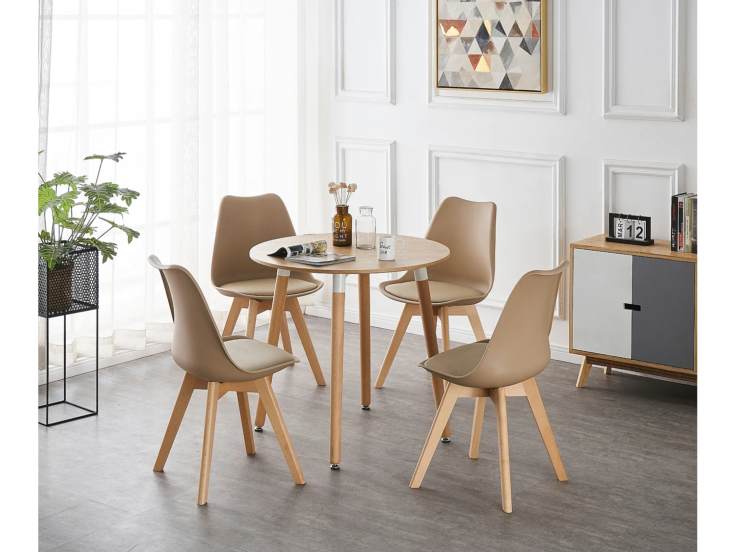 LORENZO HALO - Ensemble Salle à Manger - Table Ronde Effet Chêne + 4 Chaises Scandinaves Beiges