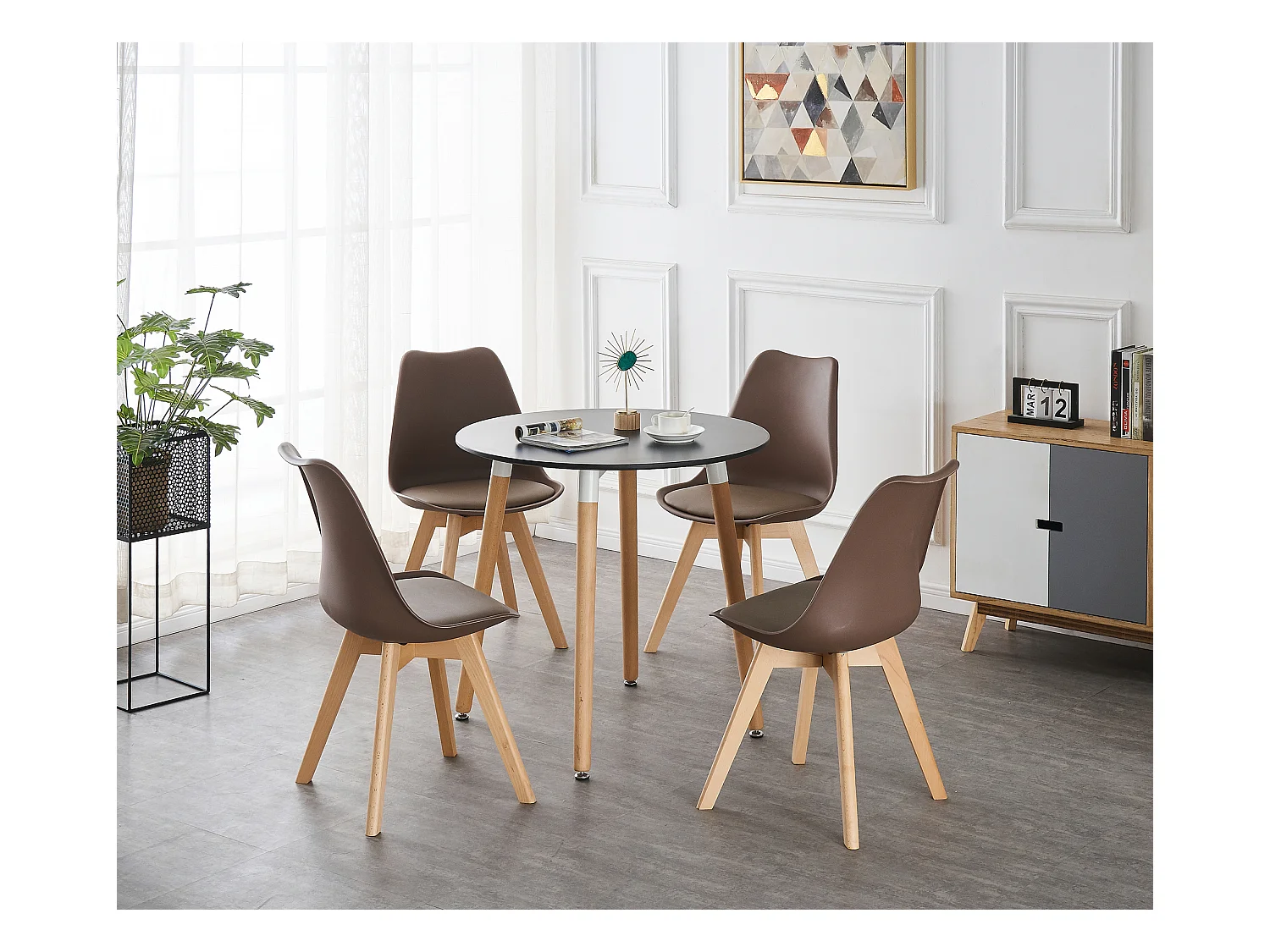 LORENZO HALO - Ensemble Salle à Manger - Table Noire Ronde + 4 Chaises Scandinaves Marron