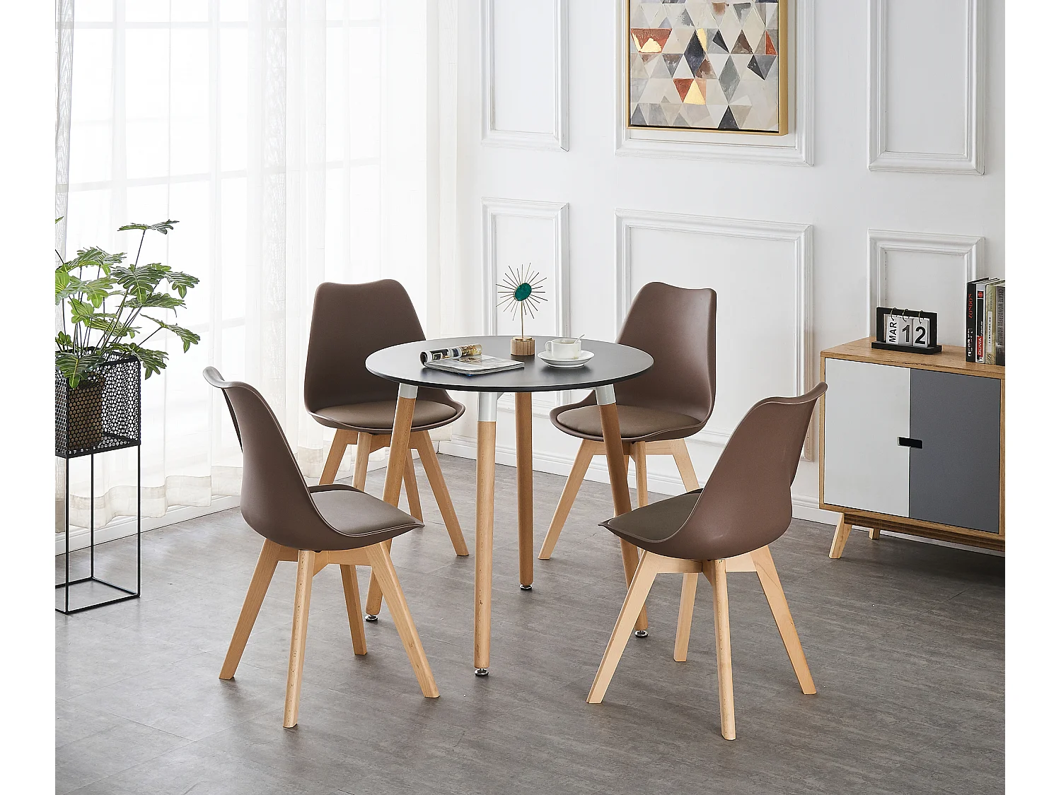 LORENZO HALO - Ensemble Salle à Manger - Table Noire Ronde + 4 Chaises Scandinaves Marron