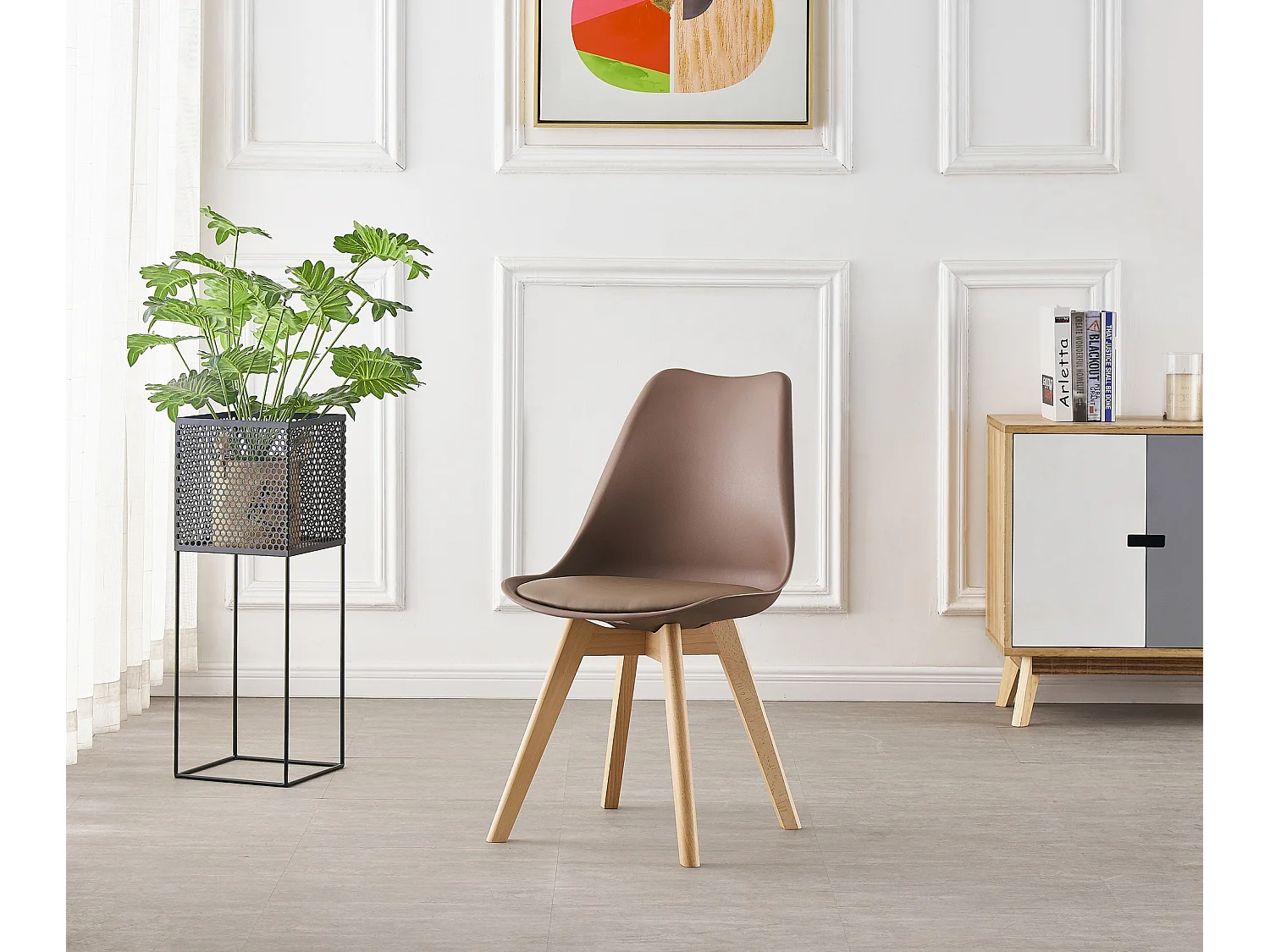 LORENZO HALO - Ensemble Salle à Manger - Table Noire Ronde + 4 Chaises Scandinaves Marron