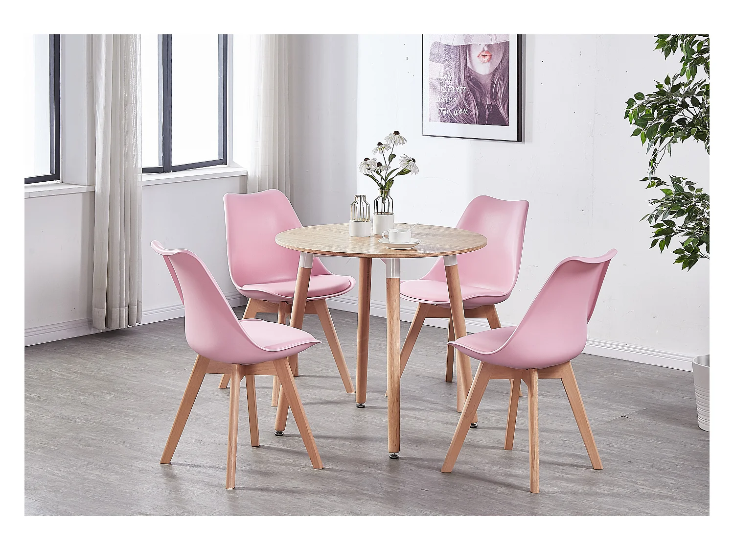 LORENZO HALO - Ensemble Salle à Manger - Table Ronde Effet Chêne + 4 Chaises Scandinaves Roses