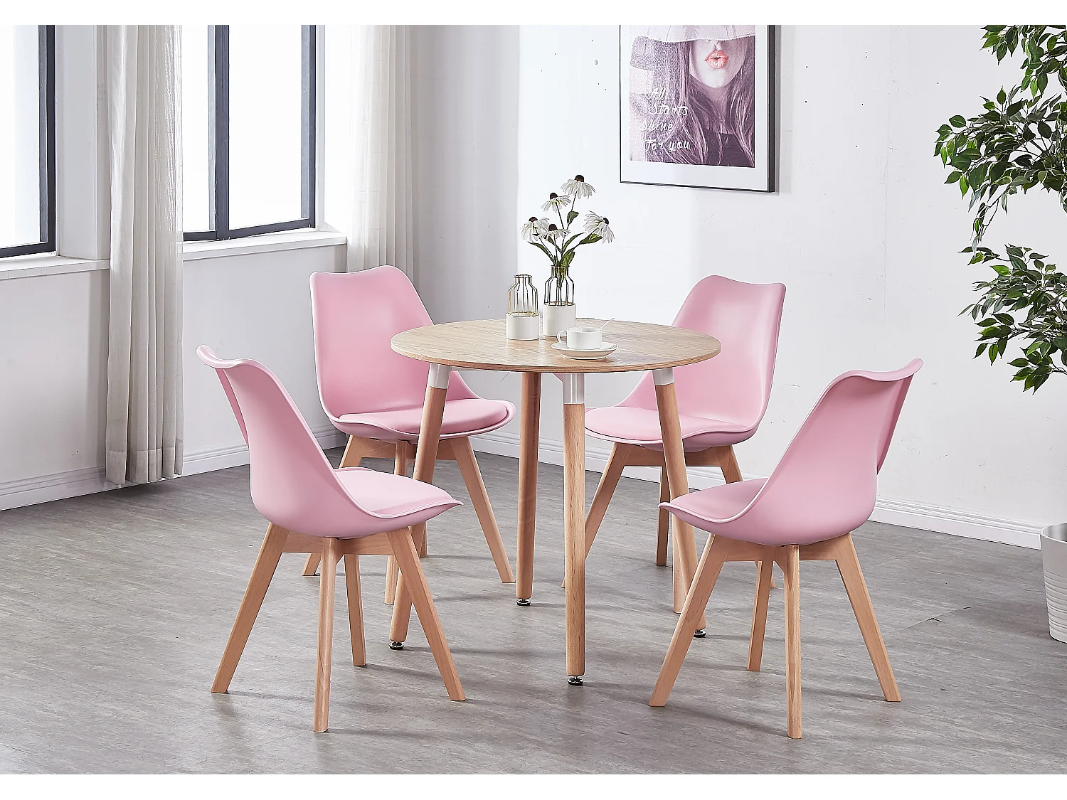 LORENZO HALO - Ensemble Salle à Manger - Table Ronde Effet Chêne + 4 Chaises Scandinaves Roses