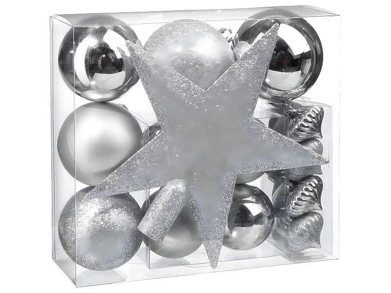 Déco de sapin de Noël Kit de 18 pièces Boules et Cimier - Argent