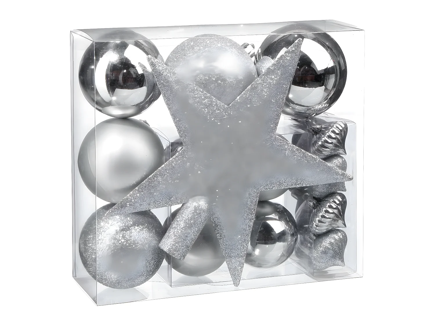Déco de sapin de Noël Kit de 18 pièces Boules et Cimier - Argent