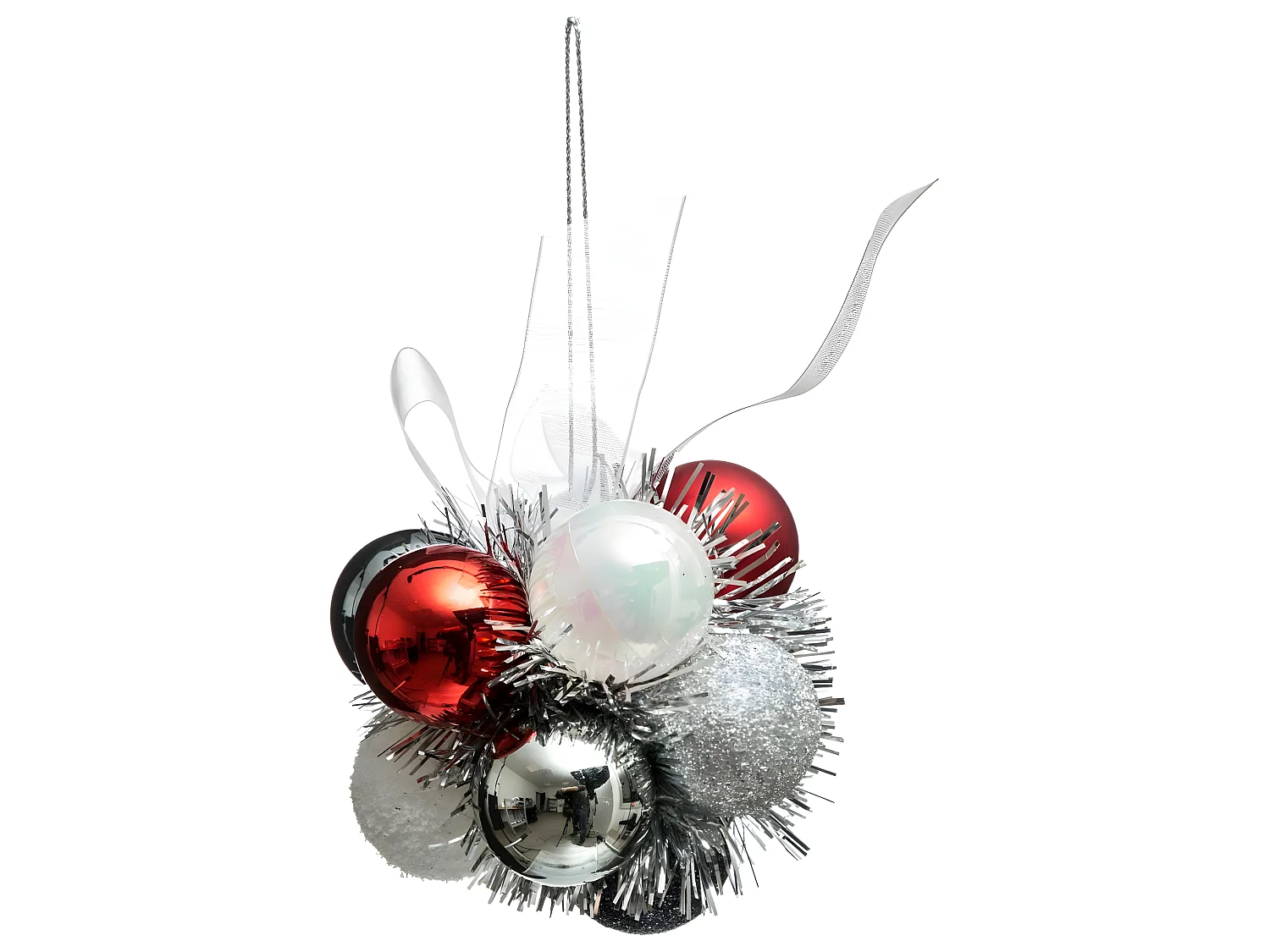 Grappe de 11 Boules de Noël à suspendre déco ruban argenté
