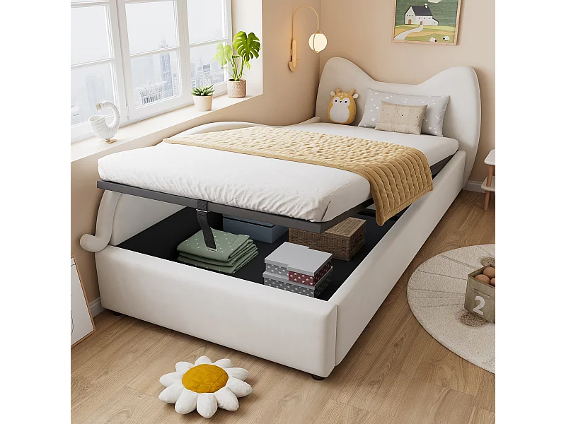 Lit pour enfant 90x200 cm, design tête de lit en forme de lapin, lit avec rangement hydraulique, barrière douce élevée, velours (205x93.5x92 cm)