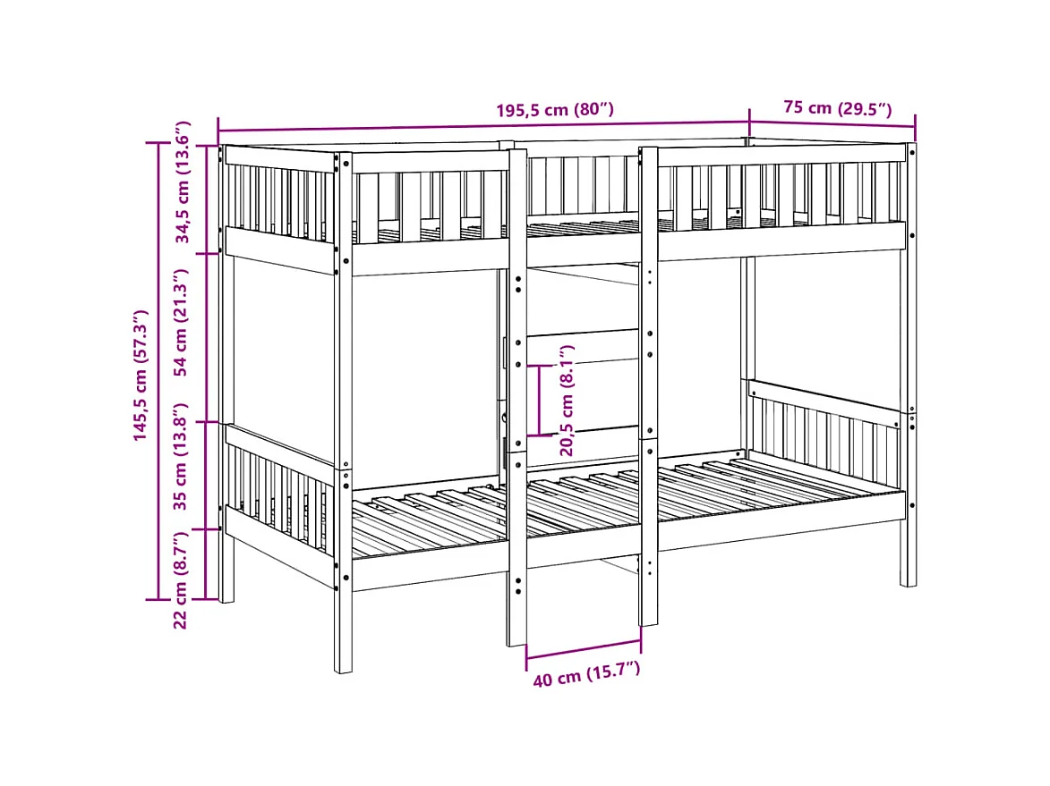 Letto a castello bianco 75x190 cm Legno massello di pino
