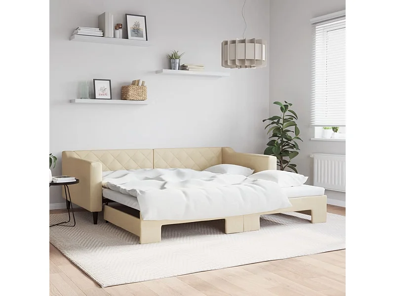 Cama de día con cama nido tela crema 100x200 cm