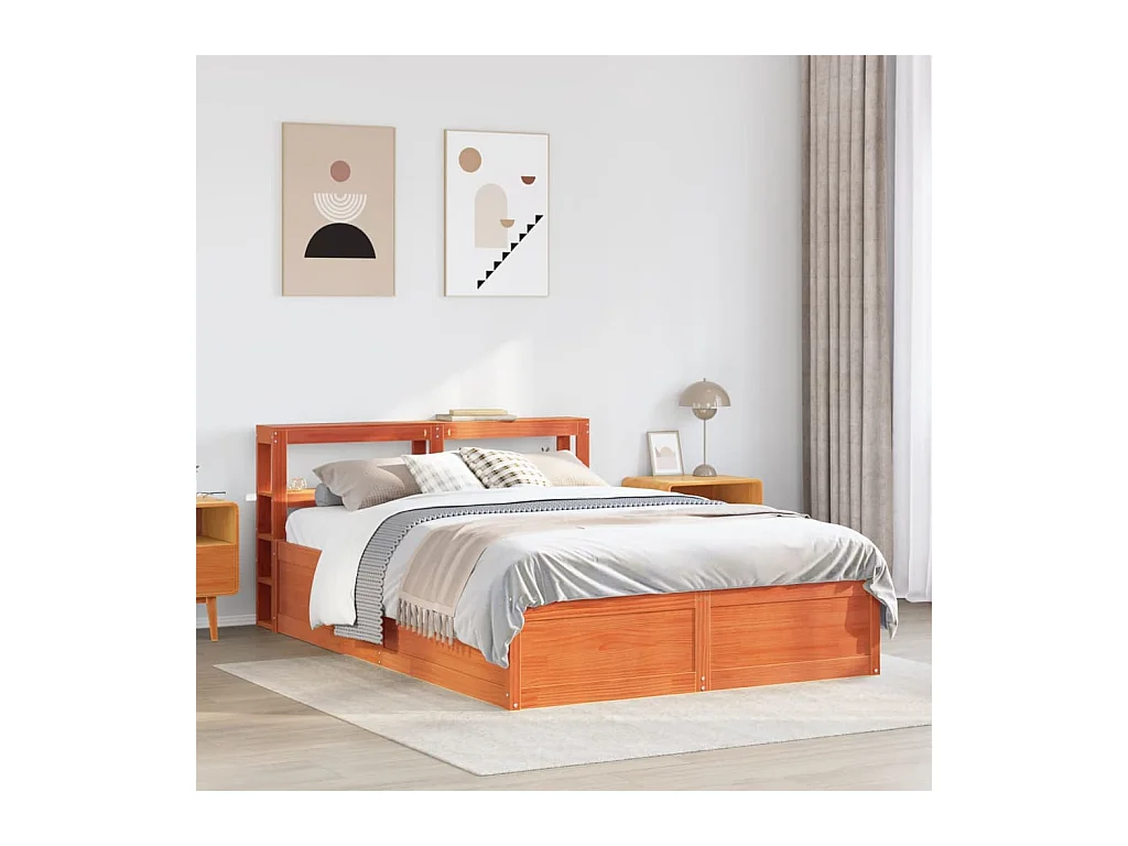 Estructura de cama y cabecero encerados color marrón 135x190 cm madera de pino