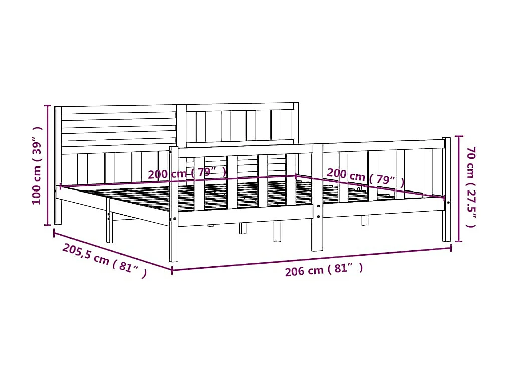 Struttura letto senza materasso in legno massello nero 200x200 cm