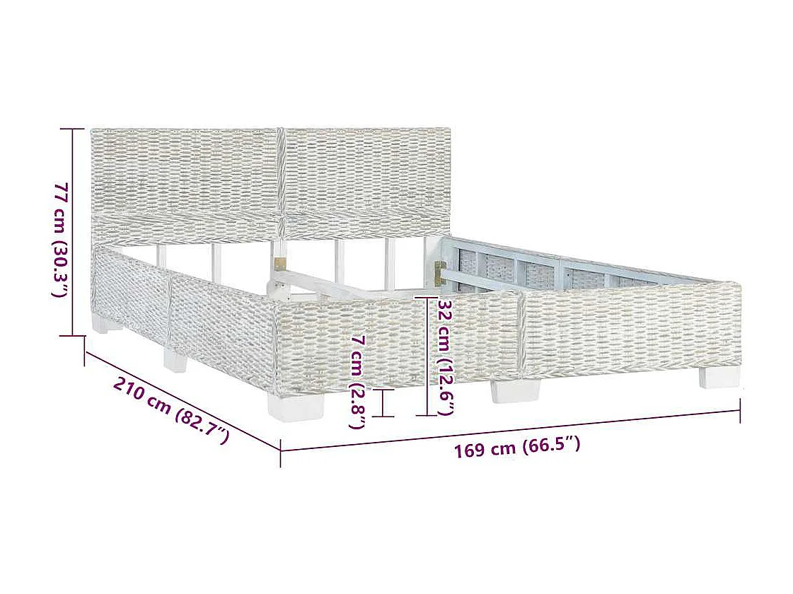 Bettgestell aus natürlichem Rattan, grau, 160 x 200 cm