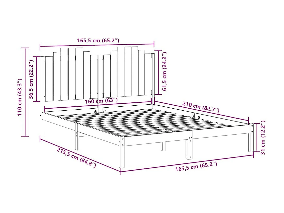 Struttura letto extra lunga senza materasso 160x210 cm in legno massello
