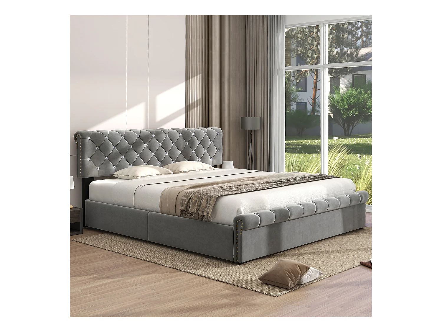 Bed met verstelbaar hoofdeinde, 160x200 cm, met lattenbodem en grijs fluwelen frame (169x219x92/97/105 cm)
