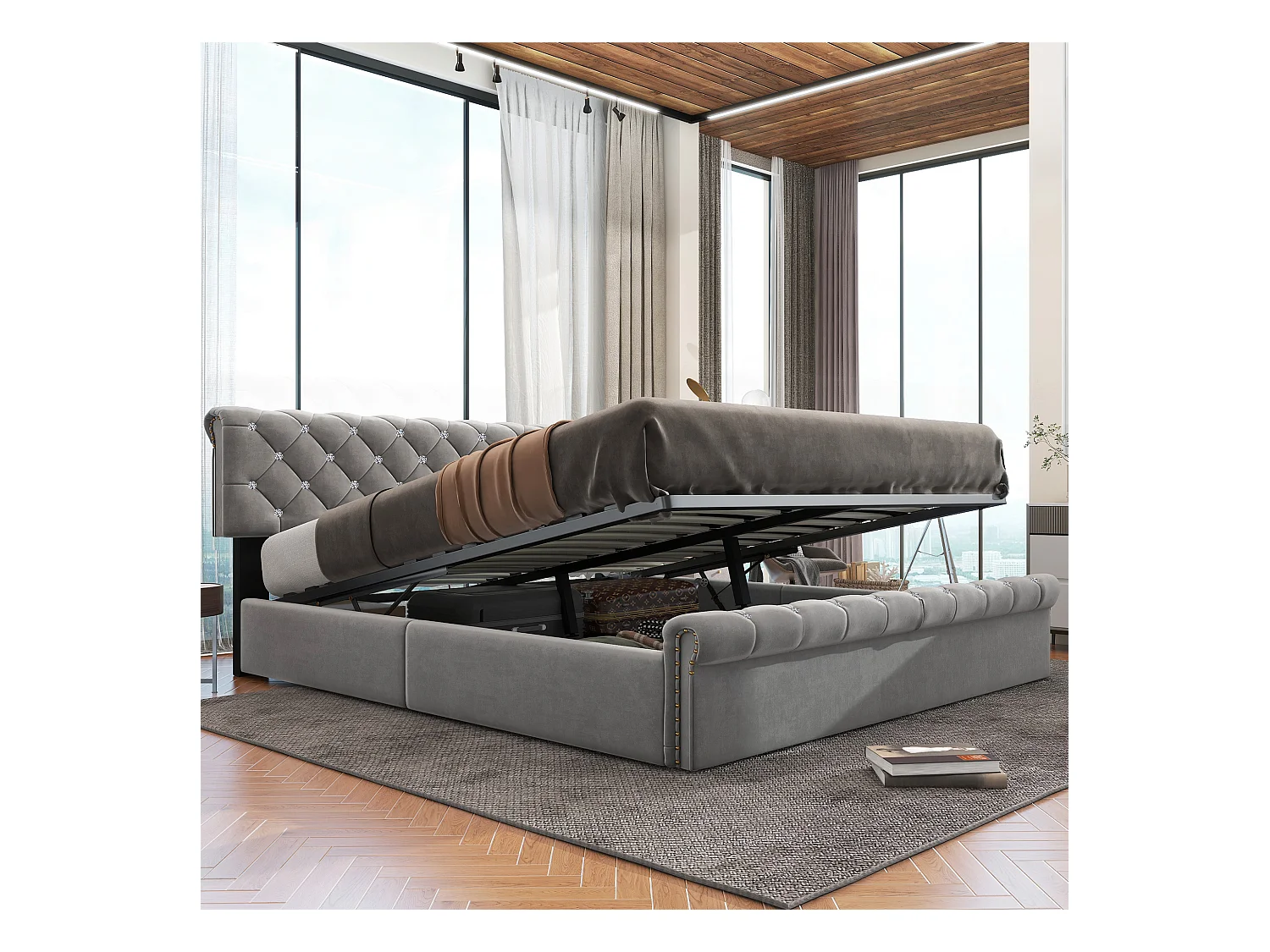 Bed met verstelbaar hoofdeinde, 160x200 cm, met lattenbodem en grijs fluwelen frame (169x219x92/97/105 cm)