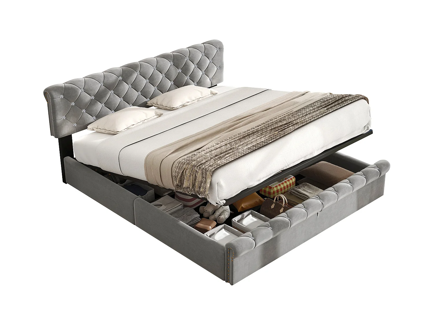 Bed met verstelbaar hoofdeinde, 160x200 cm, met lattenbodem en grijs fluwelen frame (169x219x92/97/105 cm)