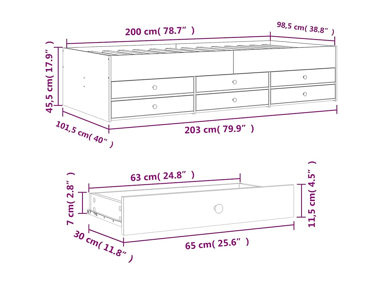 Divano letto con cassetti senza materasso grigio sonoma 100x200 cm