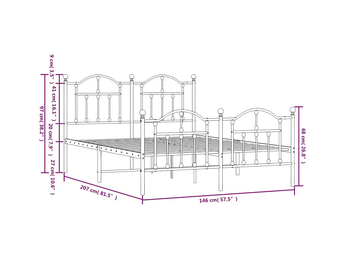 Struttura letto in metallo senza materasso con pediera nera 140x200cm