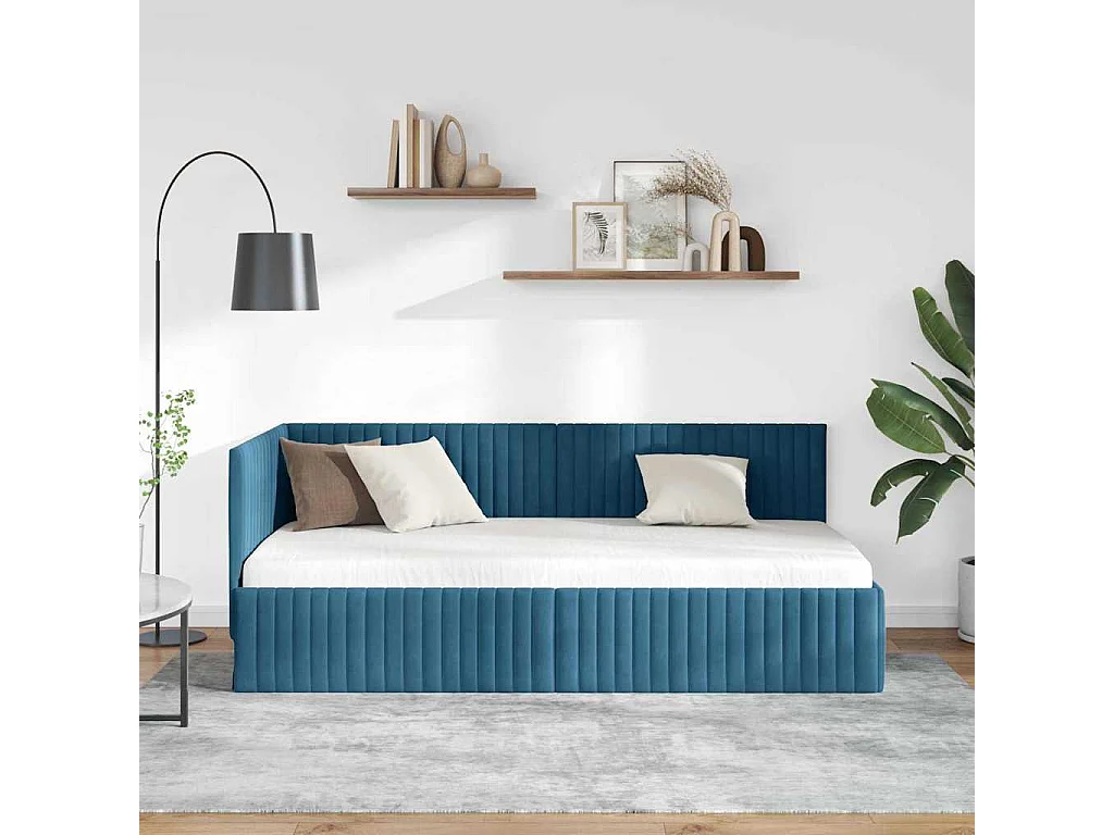 Cadre de lit d'angle avec tête de lit Bleu 90 x 200 cm Velours