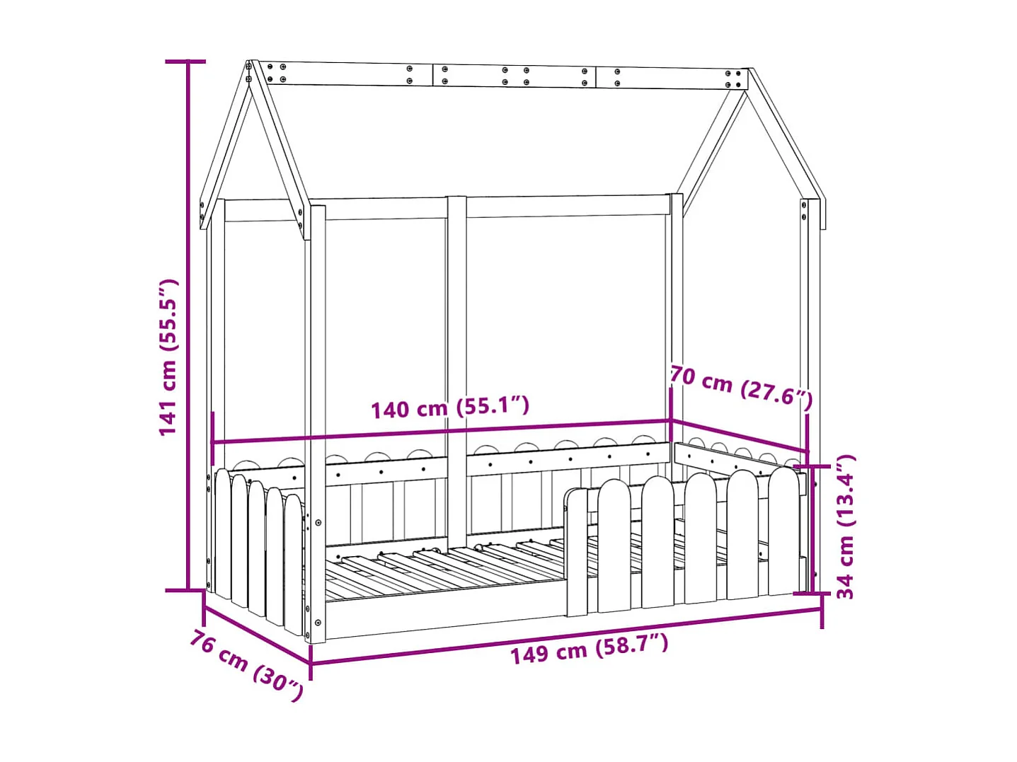 Struttura letto per bambini a forma di casa senza materasso 70x140 cm