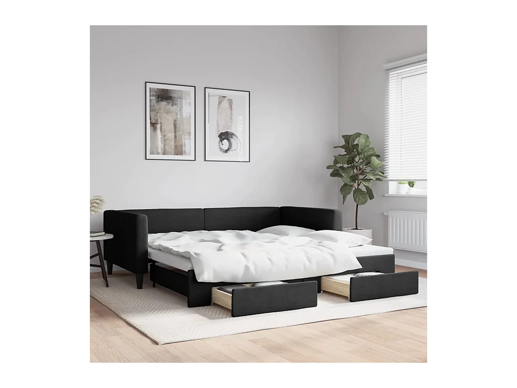 Divano letto con rotelle e cassetti senza materasso nero 100x200cm