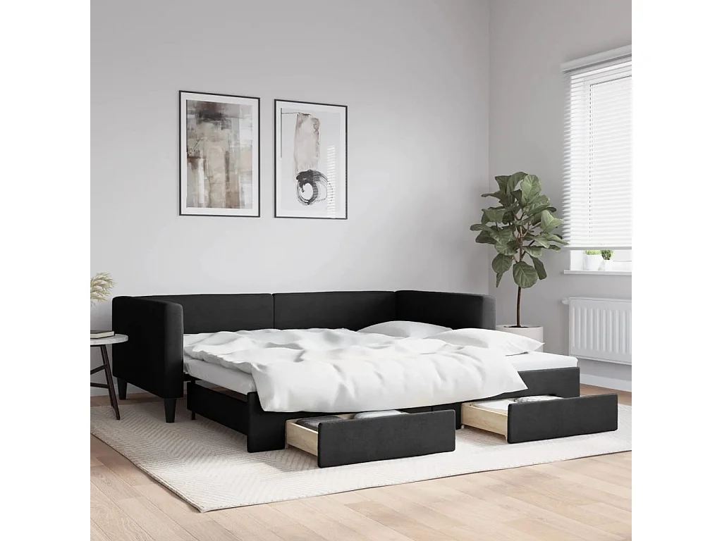 Divano letto con rotelle e cassetti senza materasso nero 100x200cm