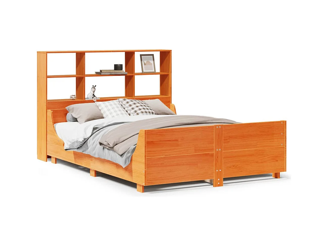 Lit bibliothèque sans matelas cire marron 160x200cm bois massif