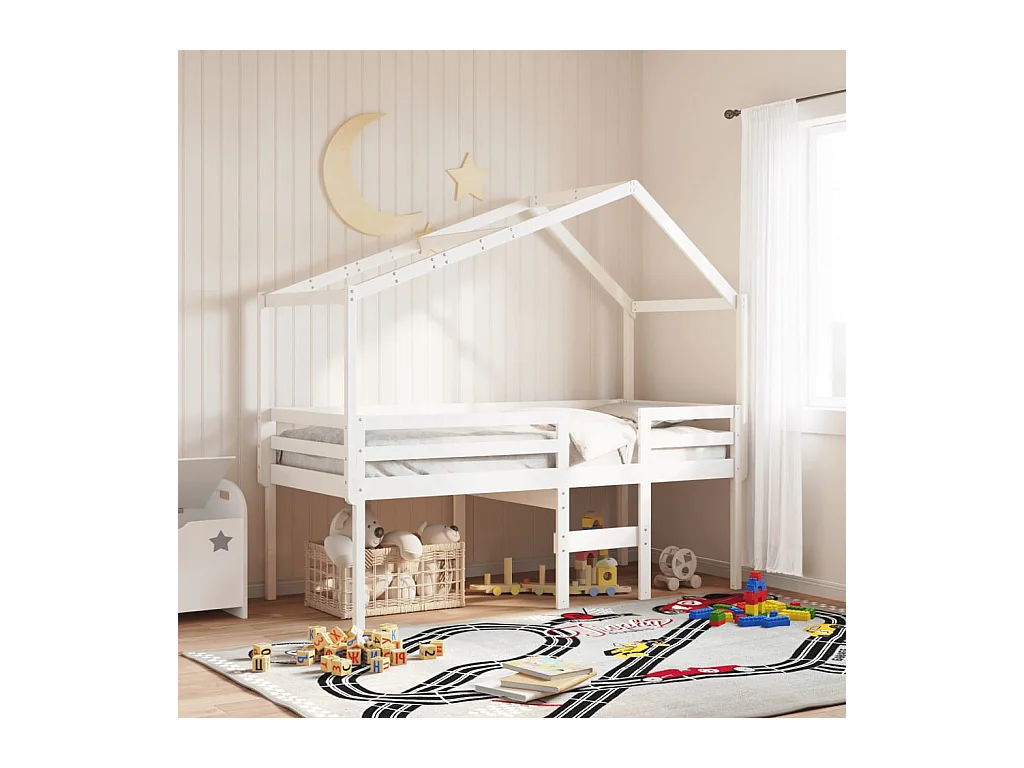 Cama alta sin colchón blanca 90x190 cm madera maciza de pino