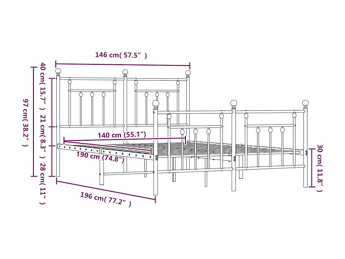Cadre de lit métal sans matelas avec pied de lit noir 140x190cm
