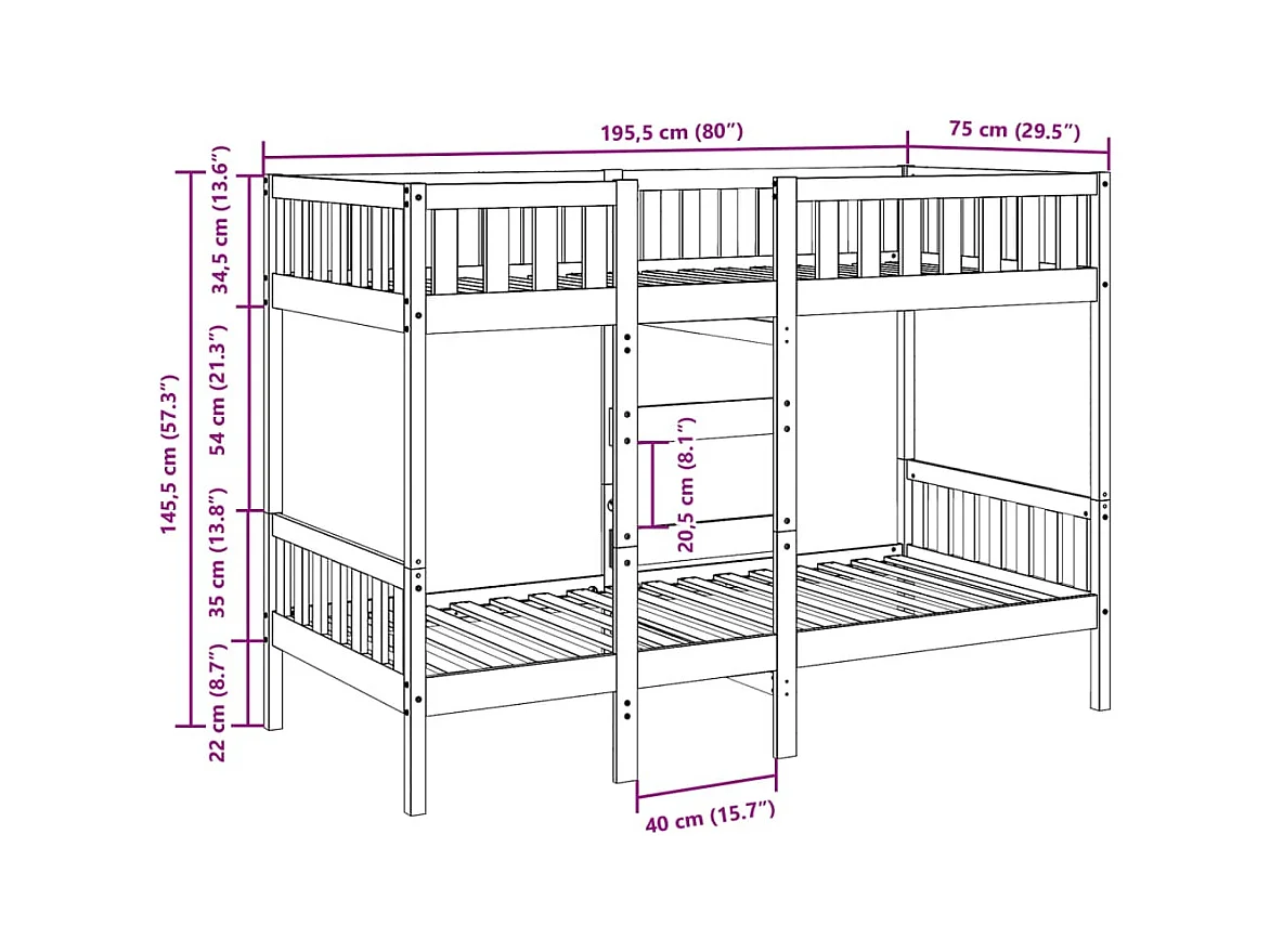 Letto a castello 75x190 cm Legno massello di pino