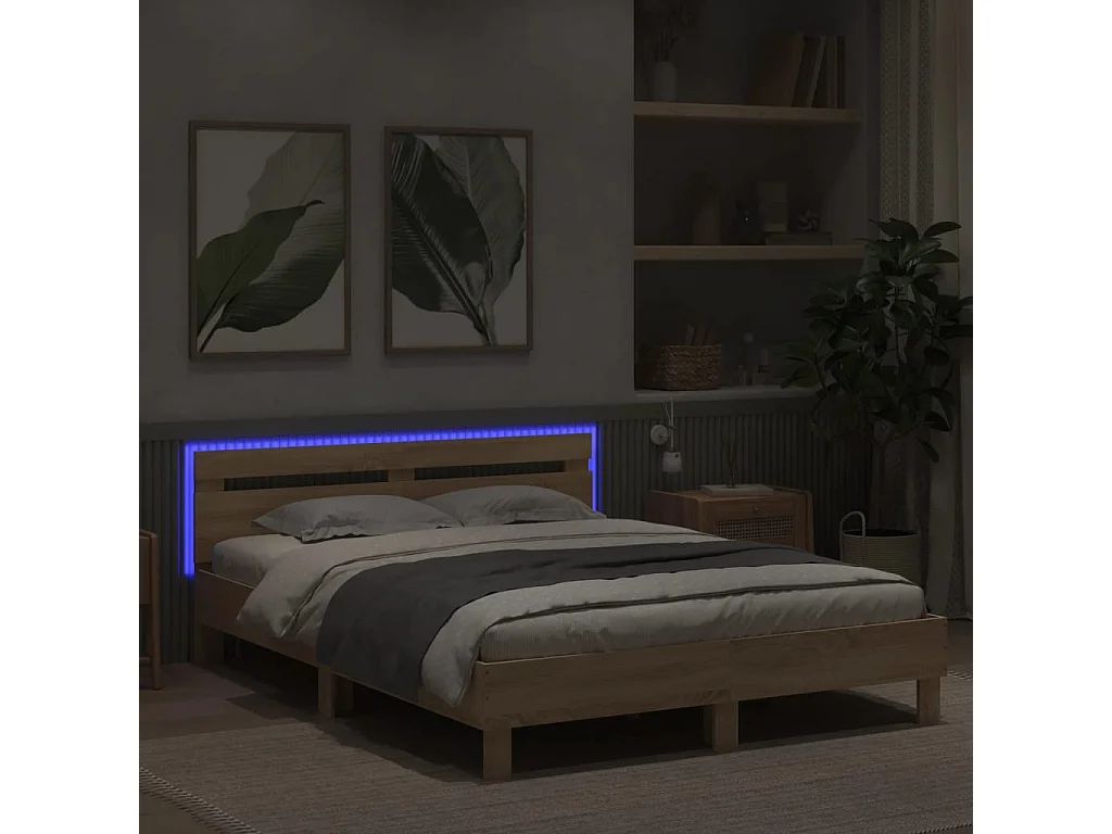 Estructura de cama con LED sin colchón roble Sonoma 150x200 cm