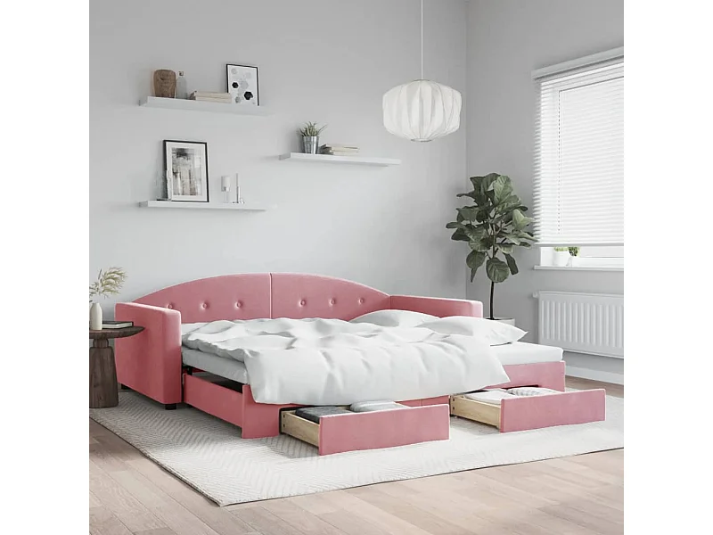 Dagbed met onderschuifbed en lades roze 100x200 cm fluweel