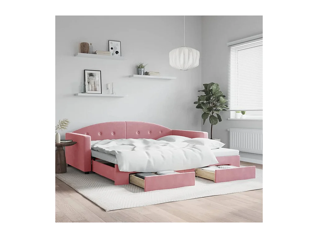 Dagbed met onderschuifbed en lades roze 100x200 cm fluweel