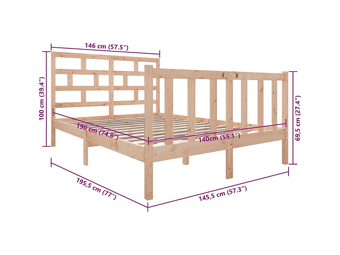 Bedframe zonder matras massief hout 140x190 cm